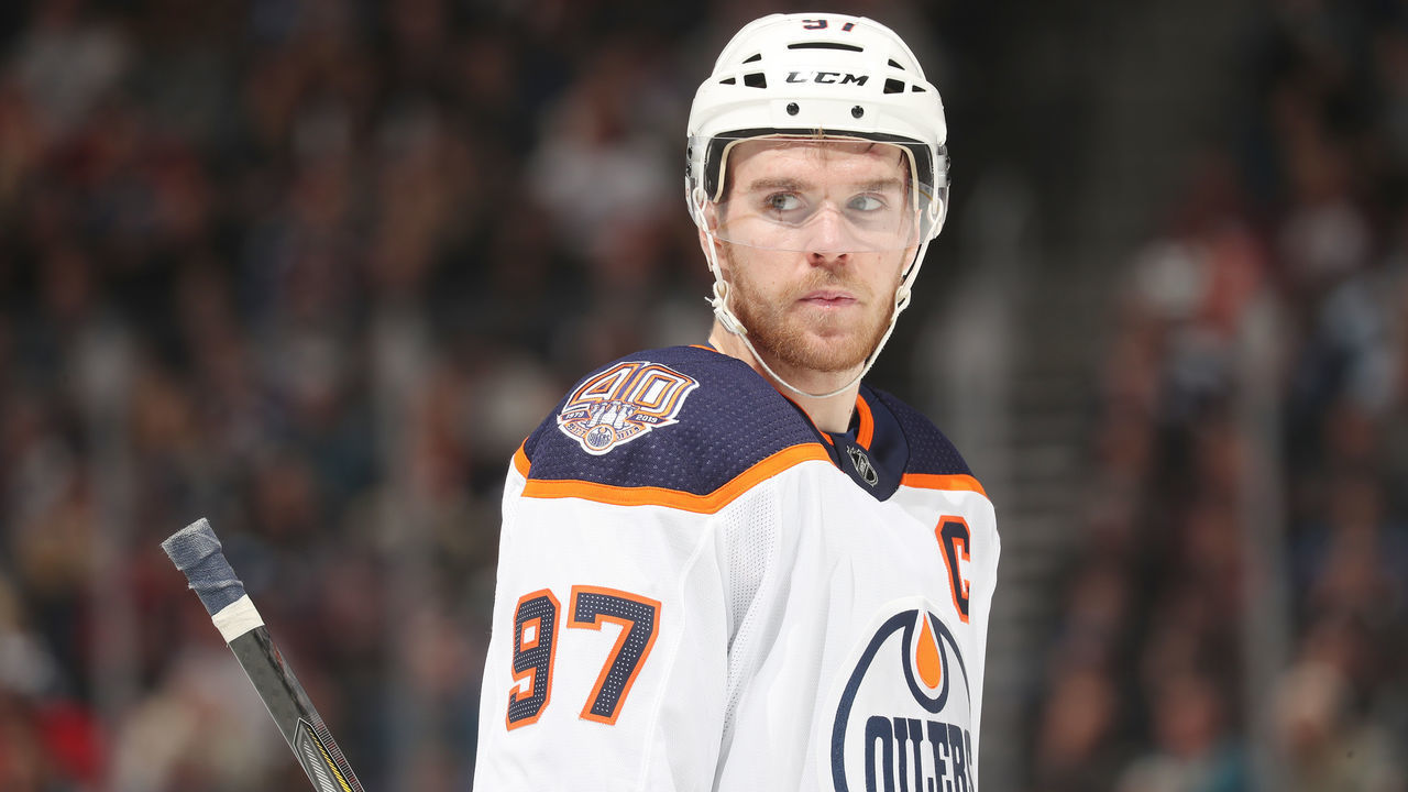 DENVER, CO - APRIL 2: Connor McDavid #97 of the Edmonton Oilers looks on during a break in the action against the Colorado Avalanche at the Pepsi Center on April 2, 2019 in Denver, Colorado.