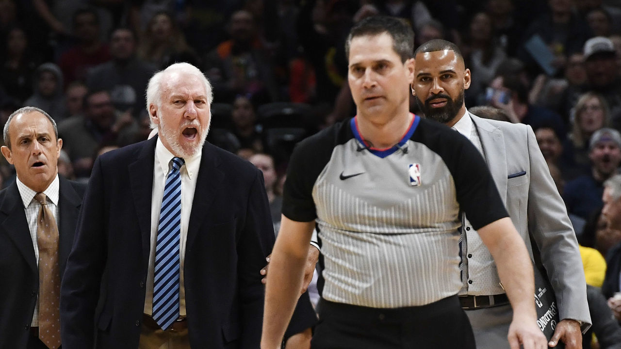 DENVER, CO - APRIL 03: San Antonio Spurs head coach Gregg Popovich yells at referee David Guthrie after Guthrie threw him out of the game in the first few minutes against the Denver Nuggets at the Pepsi Center April 03, 2019.