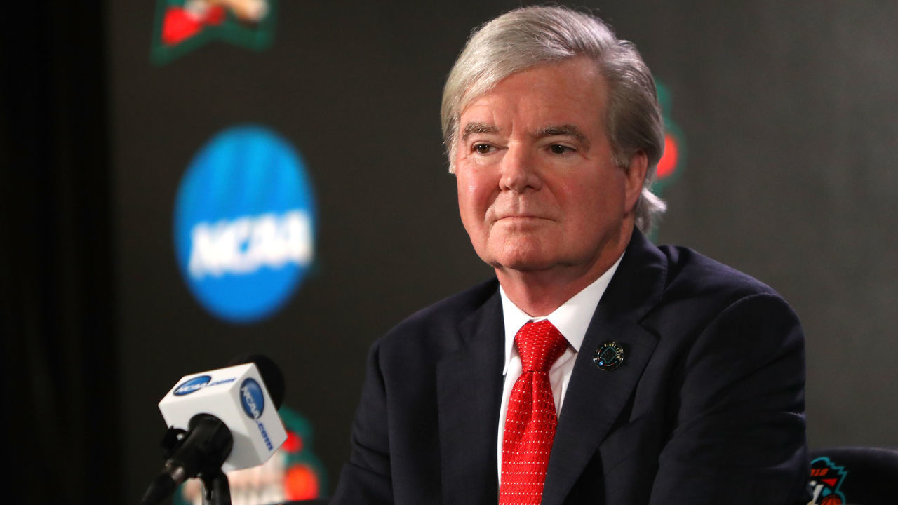SAN ANTONIO, TX - MARCH 29: NCAA President Dr. Mark Emmert speaks to the media during media day for the 2018 Men's NCAA Final Four at the Alamodome on March 29, 2018 in San Antonio, Texas.