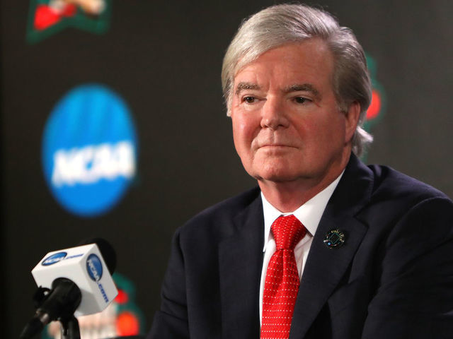 SAN ANTONIO, TX - MARCH 29: NCAA President Dr. Mark Emmert speaks to the media during media day for the 2018 Men's NCAA Final Four at the Alamodome on March 29, 2018 in San Antonio, Texas.