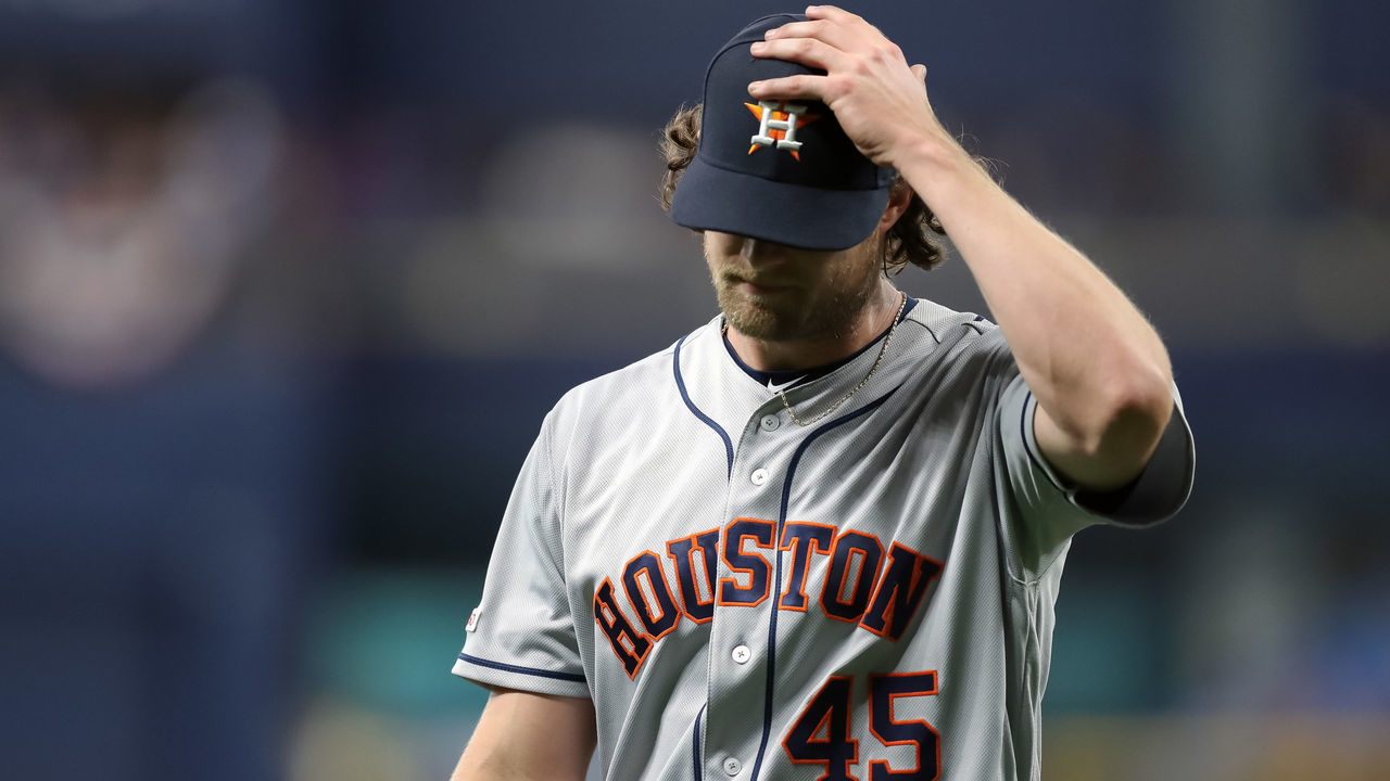 ST. PETERSBURG, FL - MARCH 29: Gerrit Cole #45 of the Houston Astros reacts at the end of the third inning after the Tampa Bay Rays scored three runs in a baseball game at Tropicana Field on March 29, 2019 in St. Petersburg, Florida.