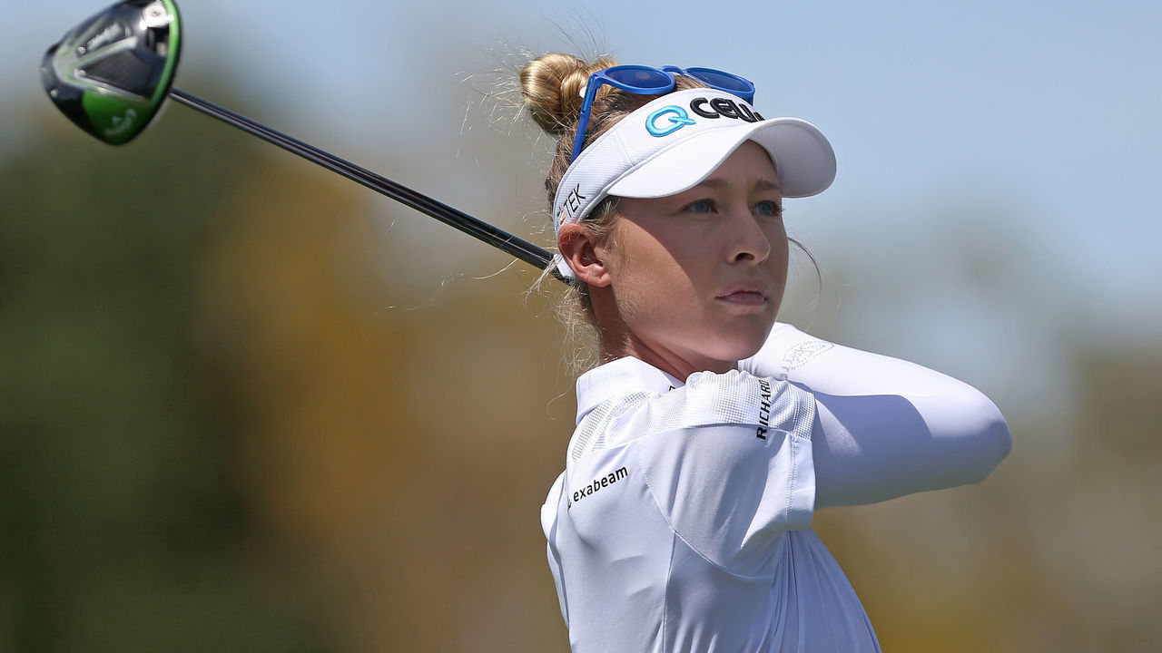 RANCHO MIRAGE, CALIFORNIA - APRIL 03: Nelly Korda watches her tee shot on the 12th hole during the pro-am for the ANA Inspiration on the Dinah Shore course at Mission Hills Country Club on April 03, 2019 in Rancho Mirage, California.