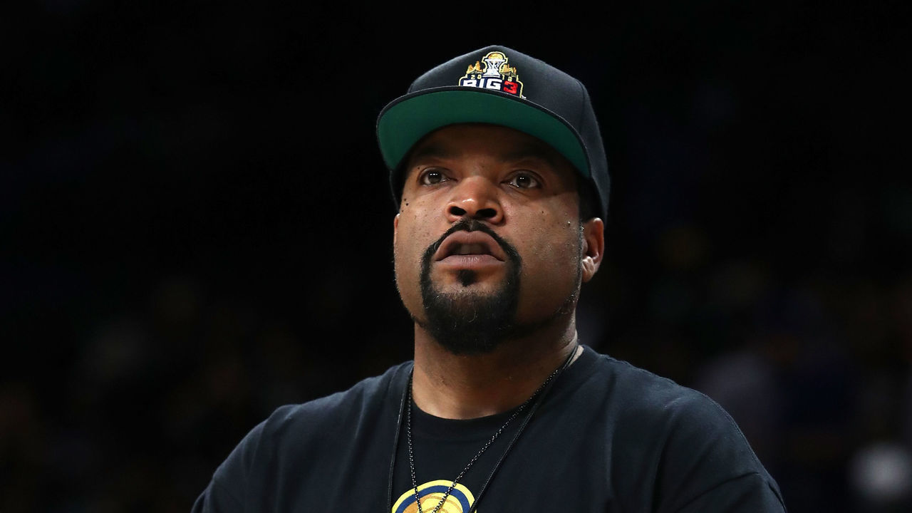 BROOKLYN, NY - AUGUST 24: Ice Cube looks on during the BIG3 Championship at the Barclays Center on August 24, 2018 in Brooklyn, New York.