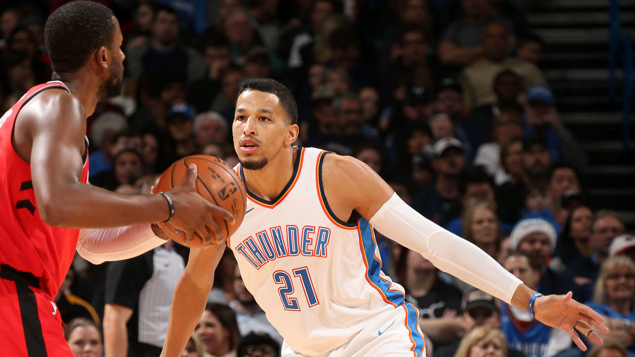OKLAHOMA CITY, OK - DECEMBER 27: Andre Roberson #21 of the Oklahoma City Thunder on the defense against the Toronto Raptors on December 27, 2017 at Chesapeake Energy Arena in Oklahoma City, Oklahoma. Mandatory Copyright Notice: Copyright 2017 NBAE