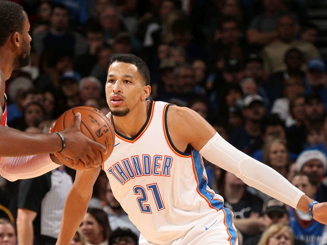 OKLAHOMA CITY, OK - DECEMBER 27: Andre Roberson #21 of the Oklahoma City Thunder on the defense against the Toronto Raptors on December 27, 2017 at Chesapeake Energy Arena in Oklahoma City, Oklahoma. Mandatory Copyright Notice: Copyright 2017 NBAE