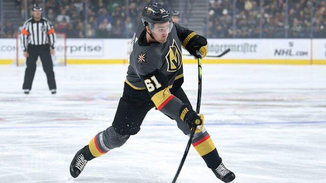 LAS VEGAS, NV - MARCH 29: Mark Stone #61 of the Vegas Golden Knights shoots the puck during the first period against the Minnesota Wild at T-Mobile Arena on March 29, 2019 in Las Vegas, Nevada.