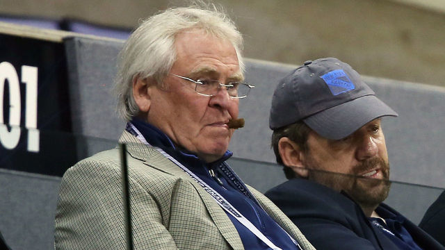 LOS ANGELES, CA - JUNE 06: (L-R) Team President Glen Sather and Exceutive Chairman James Dolan chat during the New York Rangers practice session on an off day during the 2014 NHL Stanley Cup playoffs at Staples Center on June 6, 2014 in Los Angeles, California.