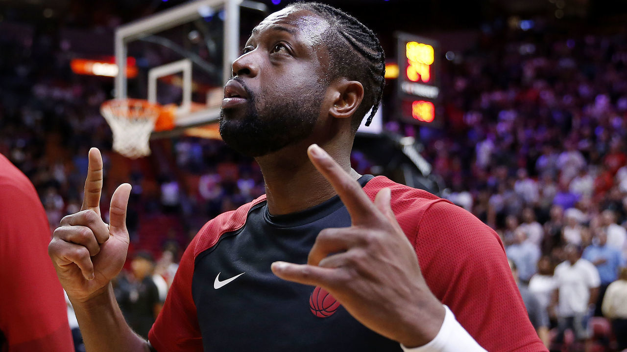 MIAMI, FLORIDA - APRIL 03: Dwyane Wade #3 of the Miami Heat looks on prior to the game against the Boston Celtics at American Airlines Arena on April 03, 2019 in Miami, Florida.