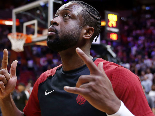 MIAMI, FLORIDA - APRIL 03: Dwyane Wade #3 of the Miami Heat looks on prior to the game against the Boston Celtics at American Airlines Arena on April 03, 2019 in Miami, Florida.