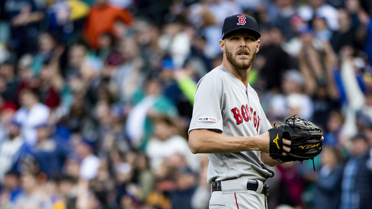 SEATTLE, WA - MARCH 28: Chris Sale #41 of the Boston Red Sox reacts during the second inning of the 2019 Opening day game against the Seattle Mariners at T-Mobile Park on March 28, 2019 in Seattle, Washington.