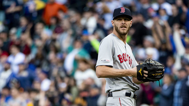 SEATTLE, WA - MARCH 28: Chris Sale #41 of the Boston Red Sox reacts during the second inning of the 2019 Opening day game against the Seattle Mariners at T-Mobile Park on March 28, 2019 in Seattle, Washington.