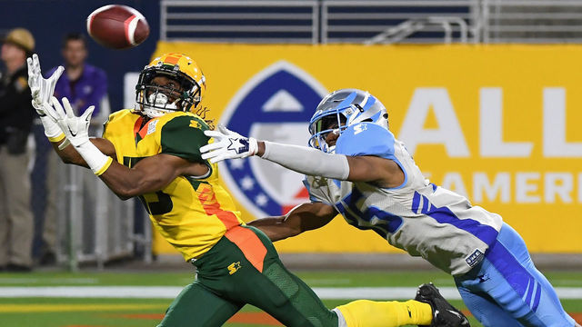 TEMPE, AZ - FEBRUARY 10: Rashad Ross #15 of the Arizona Hotshots catches a touchdown pass while being guarded by C.J. Smith #35 of the Salt Lake Stallions during the first half of the Alliance of American Football game at Sun Devil Stadium on February 10, 2019 in Tempe, Arizona.