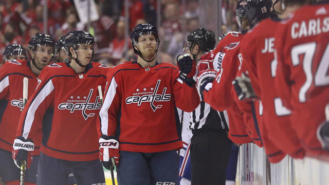 WASHINGTON, DC - APRIL 04: Lars Eller #20 of the Washington Capitals celebrates his goal against the Montreal Canadiens during the first period at Capital One Arena on April 04, 2019 in Washington, DC.