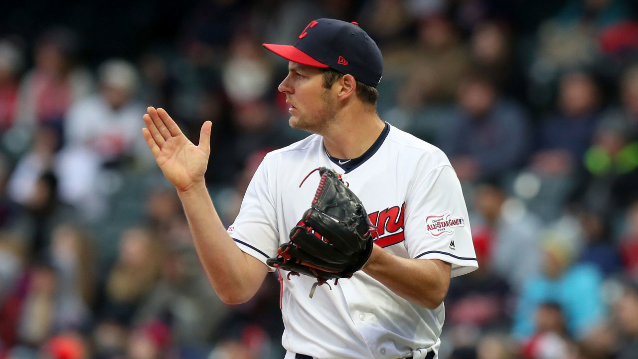 CLEVELAND, OH - APRIL 04: Cleveland Indians starting pitcher Trevor Bauer (47) reacts after getting Toronto Blue Jays designated hitter Rowdy Tellez (44) (not pictured) to fly out with the bases loaded to end the third inning of the Major League Baseball game between the Toronto Blue Jays and Cleveland Indians on April 4, 2019, at Progressive Field in Cleveland, OH.