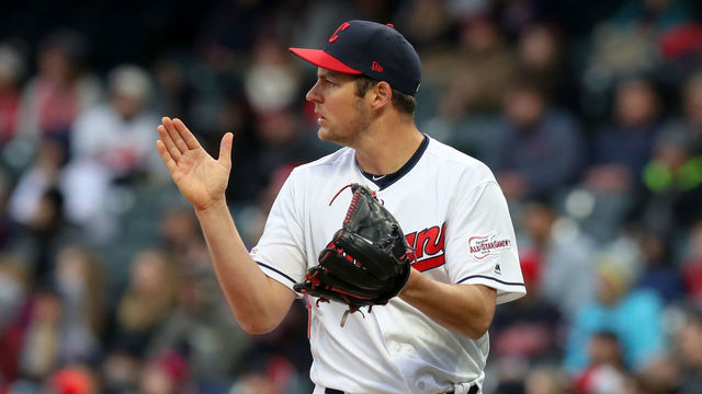 CLEVELAND, OH - APRIL 04: Cleveland Indians starting pitcher Trevor Bauer (47) reacts after getting Toronto Blue Jays designated hitter Rowdy Tellez (44) (not pictured) to fly out with the bases loaded to end the third inning of the Major League Baseball game between the Toronto Blue Jays and Cleveland Indians on April 4, 2019, at Progressive Field in Cleveland, OH.