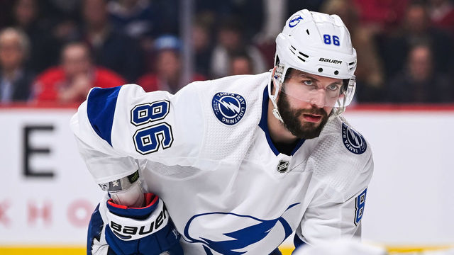 MONTREAL, QC - APRIL 02: Tampa Bay Lightning right wing Nikita Kucherov (86) waits for a faceoff during the Tampa Bay Lightning versus the Montreal Canadiens game on April 02, 2019, at Bell Centre in Montreal, QC