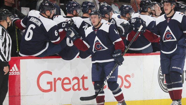 DENVER, CO - APRIL 4: Tyson Barrie #4 of the Colorado Avalanche celebrates with his bench after scoring a goal against the Winnipeg Jets at the Pepsi Center on April 4, 2019 in Denver, Colorado.