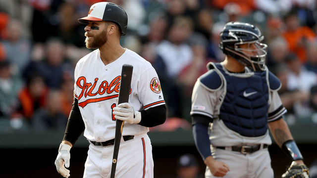 BALTIMORE, MARYLAND - APRIL 04: Chris Davis #19 of the Baltimore Orioles looks on after striking out against the New York Yankees at Oriole Park at Camden Yards on April 04, 2019 in Baltimore, Maryland.