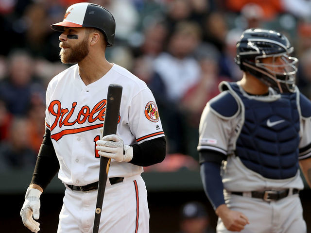 BALTIMORE, MARYLAND - APRIL 04: Chris Davis #19 of the Baltimore Orioles looks on after striking out against the New York Yankees at Oriole Park at Camden Yards on April 04, 2019 in Baltimore, Maryland.