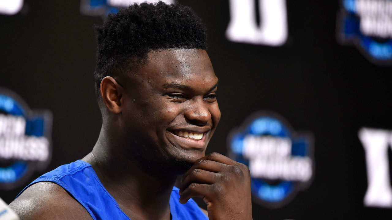 WASHINGTON, DC - MARCH 28: Zion Williamson of the Duke Blue Devils addresses the media ahead of the 2019 NCAA Men's Basketball Tournament East Regional at Capital One Arena on March 28, 2019 in Washington, DC.