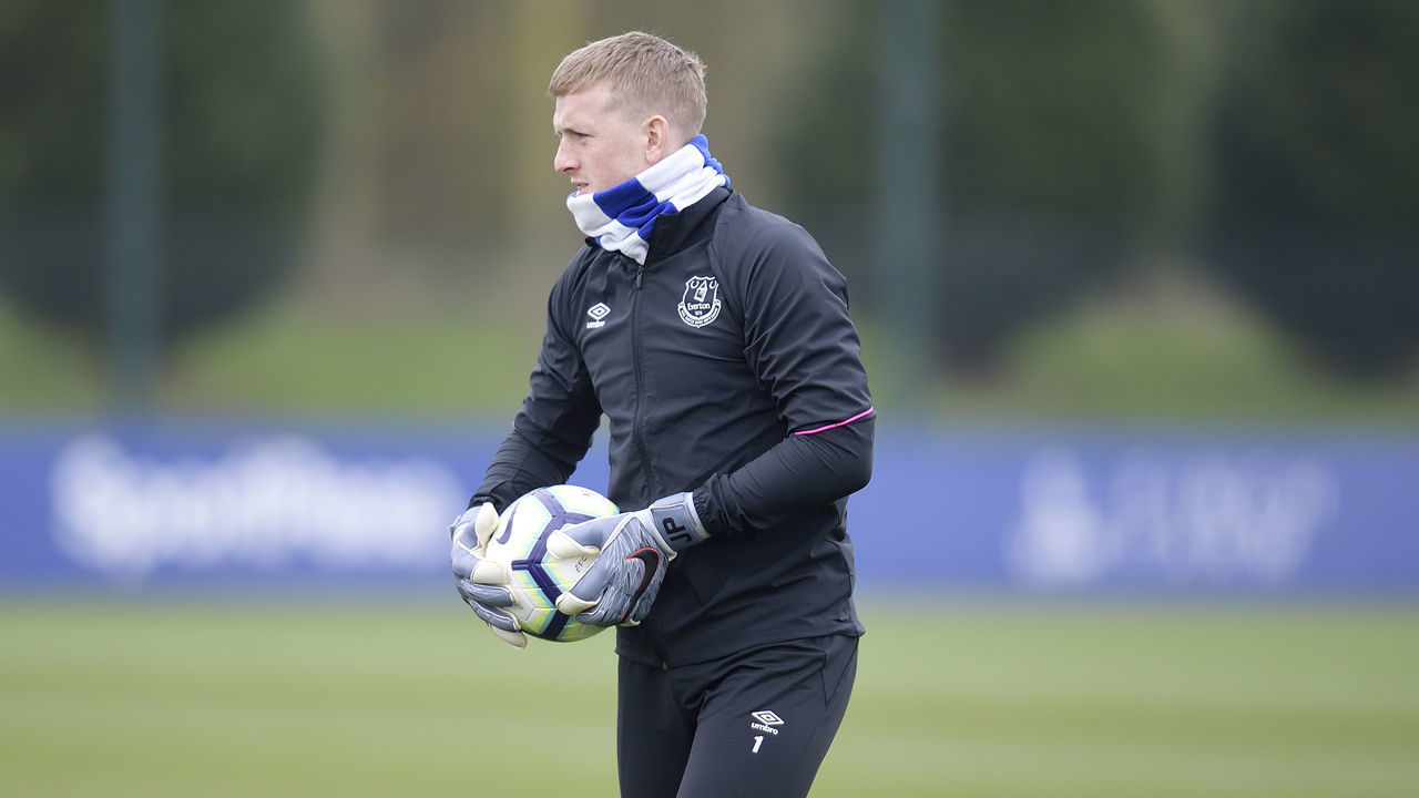 HALEWOOD, ENGLAND - APRIL 4: (EXCLUSIVE COVERAGE) Jordan Pickford during the Everton training session at USM Finch Farm on April 4, 2019 in Halewood, England.