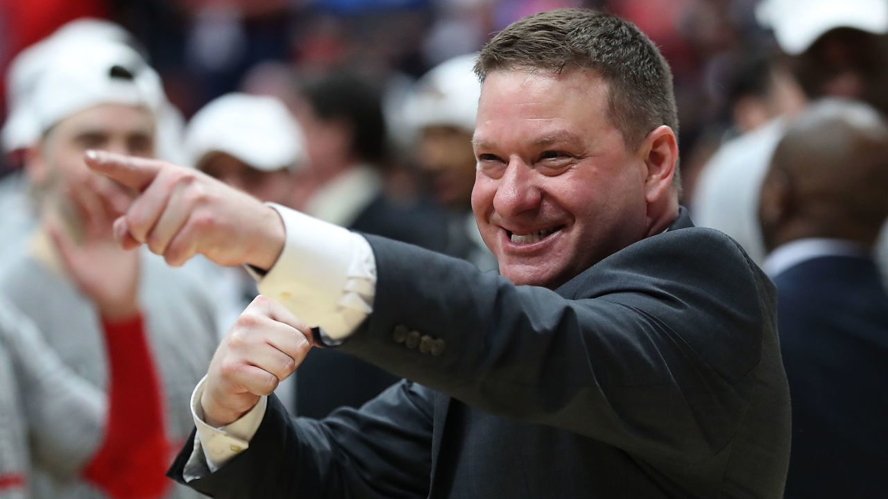 ANAHEIM, CALIFORNIA - MARCH 30: Head coach Chris Beard of the Texas Tech Red Raiders celebrates after defeating the Gonzaga Bulldogs during the 2019 NCAA Men's Basketball Tournament West Regional at Honda Center on March 30, 2019 in Anaheim, California.