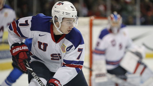 VICTORIA, BC - DECEMBER 31: Quinn Hughes #7 of the United States versus Finland at the IIHF World Junior Championships at the Save-on-Foods Memorial Centre on December 31, 2018 in Victoria, British Columbia, Canada.