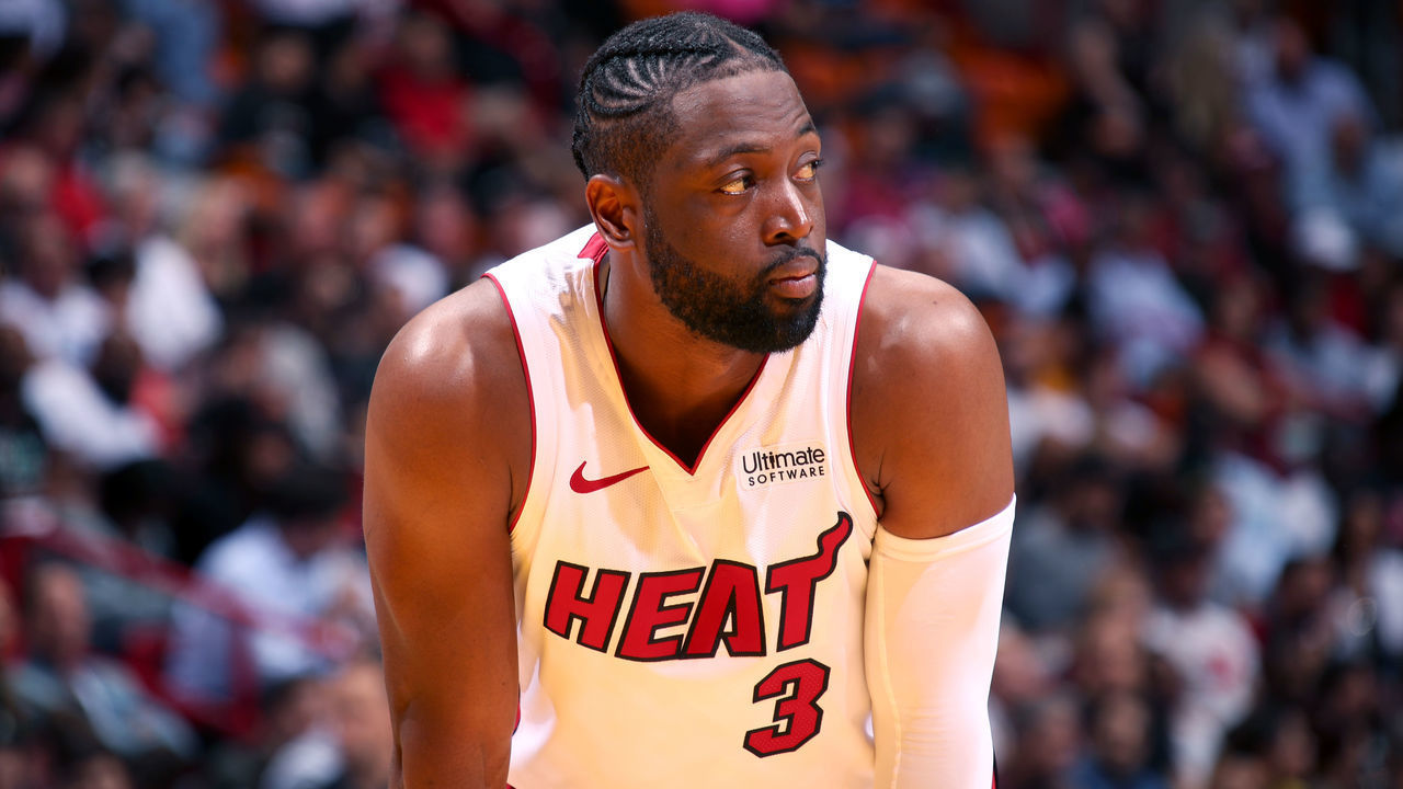 MIAMI, FL - APRIL 3: Dwyane Wade #3 of the Miami Heat looks on during the game against the Boston Celtics on April 3, 2019 at American Airlines Arena in Miami, Florida. NOTE TO USER: User expressly acknowledges and agrees that, by downloading and/or using this photograph, user is consenting to the terms and conditions of the Getty Images License Agreement. Mandatory Copyright Notice: Copyright 2019 NBAE
