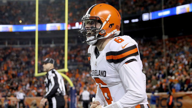 DENVER, COLORADO - DECEMBER 15: Quarterback Baker Mayfield #6 of the Cleveland Browns celebrates a touchdown against the Denver Broncos at Broncos Stadium at Mile High on December 15, 2018 in Denver, Colorado.