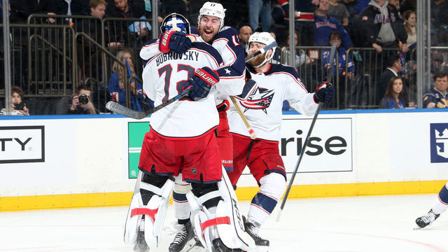 NEW YORK, NY - APRIL 05: Sergei Bobrovsky #72 and Brandon Dubinsky #17 of the Columbus Blue Jackets celebrate after defeating the New York Rangers in a shootout at Madison Square Garden on April 5, 2019 in New York City.