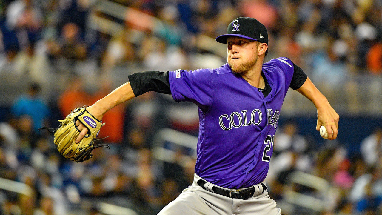 MIAMI, FL - MARCH 28: Kyle Freeland #21 of the Colorado Rockies pitching in the fifth inning against the Miami Marlins during Opening Day at Marlins Park on March 28, 2019 in Miami, Florida.
