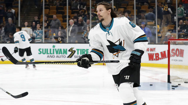 BOSTON, MA - FEBRUARY 26: San Jose Sharks defenseman Erik Karlsson (65) in warm up before a game between the Boston Bruins and the San Jose Sharks on February 26, 2019, at TD Garden in Boston, Massachusetts.