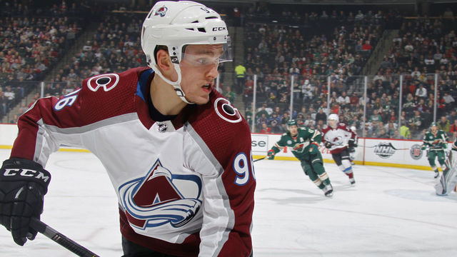 ST. PAUL, MN - MARCH 19: Mikko Rantanen #96 of the Colorado Avalanche follows the play during a game with the Minnesota Wild at Xcel Energy Center on March 19, 2019 in St. Paul, Minnesota.