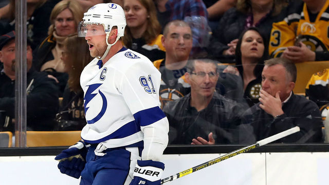 BOSTON, MASSACHUSETTS - APRIL 06: Steven Stamkos #91 of the Tampa Bay Lightning celebrates after scoring a goal against the Boston Bruins during the second period at TD Garden on April 06, 2019 in Boston, Massachusetts.
