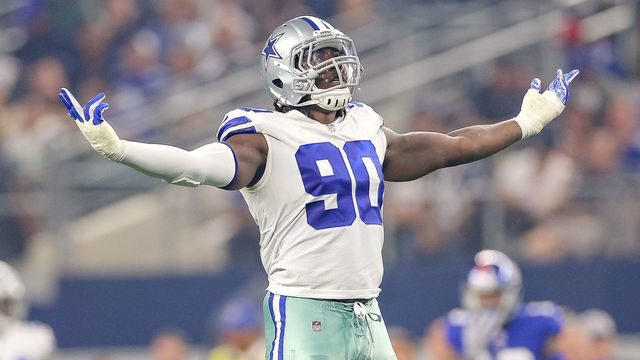 ARLINGTON, TX - SEPTEMBER 16: Dallas Cowboys defensive end Demarcus Lawrence (90) celebrates after sacking New York Giants quarterback Eli Manning (10) during the game between the New York Giants and Dallas Cowboys on September 16, 2018 at AT&T Stadium in Arlington, TX.