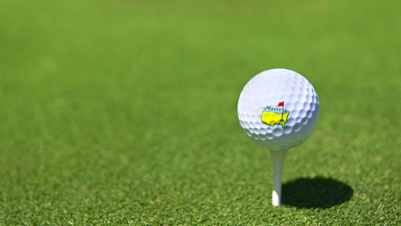 US Masters Golf Ball on Tee Shot at Coombe Hill Golf Club, UK, 5th March 2019