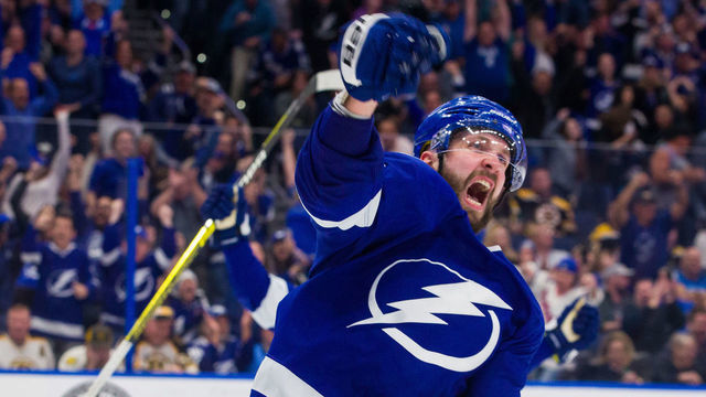 TAMPA, FL - MARCH 25: Nikita Kucherov #86 of the Tampa Bay Lightning celebrates a goal against the Boston Bruins during the third period at Amalie Arena on March 25, 2019 in Tampa, Florida. 'n'n