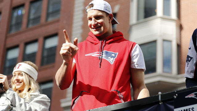BOSTON, MA - FEBRUARY 05: New England Patriots tight end Rob Gronkowski (87) during the New England Patriots Super Bowl Victory Parade on February 5. 2019, through the streets of Boston, Massachusetts.