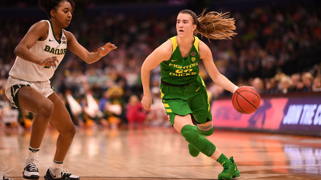 TAMPA, FL - APRIL 05: Sabrina Ionescu #20 of the Oregon Ducks dribbles past DiDi Richards #2 of the Baylor Bears at Amalie Arena on April 5, 2019 in Tampa, Florida.