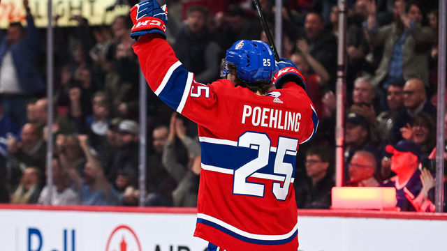 MONTREAL, QC - APRIL 06: Montreal Canadiens center Ryan Poehling (25) celebrates his first NHL goal during the Toronto Maple Leafs versus the Montreal Canadiens game on April 06, 2019, at Bell Centre in Montreal, QC