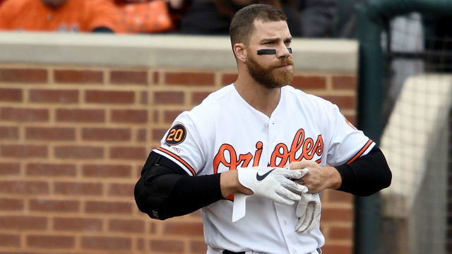 BALTIMORE, MD - APRIL 04: Chris Davis #19 of the Baltimore Orioles reacts after striking out against the New York Yankees at Oriole Park at Camden Yards on April 4, 2019 in Baltimore, Maryland.