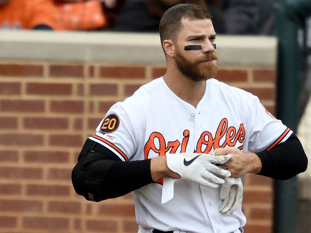 BALTIMORE, MD - APRIL 04: Chris Davis #19 of the Baltimore Orioles reacts after striking out against the New York Yankees at Oriole Park at Camden Yards on April 4, 2019 in Baltimore, Maryland.