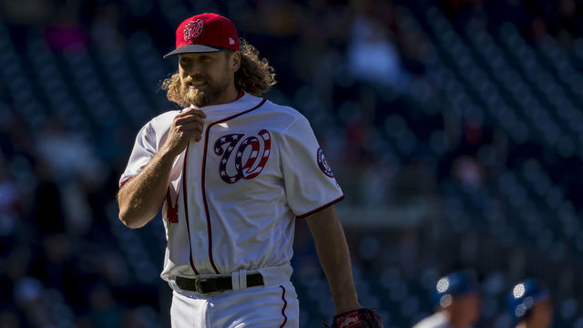 WASHINGTON, DC - MARCH 31: Trevor Rosenthal #44 of the Washington Nationals heads to the dugout after being pulled during the eighth inning against the New York Mets at Nationals Park on March 31, 2019 in Washington, DC.