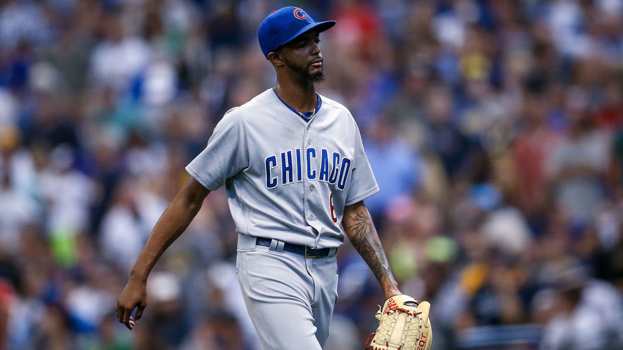 MILWAUKEE, WI - SEPTEMBER 03: Carl Edwards Jr. #6 of the Chicago Cubs walks off the field after being relieved and ejected in the eighth inning against the Milwaukee Brewers at Miller Park on September 3, 2018 in Milwaukee, Wisconsin.