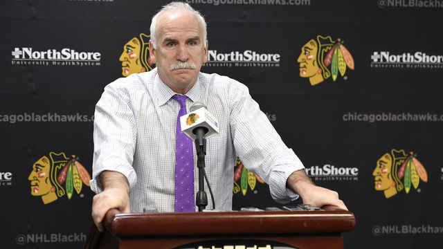 CHICAGO, IL - APRIL 06: Joel Quenneville, head coach of the Chicago Blackhawks, speaks to the press after the 4-1 loss to the St. Louis Blues at the United Center on April 6, 2018 in Chicago, Illinois.