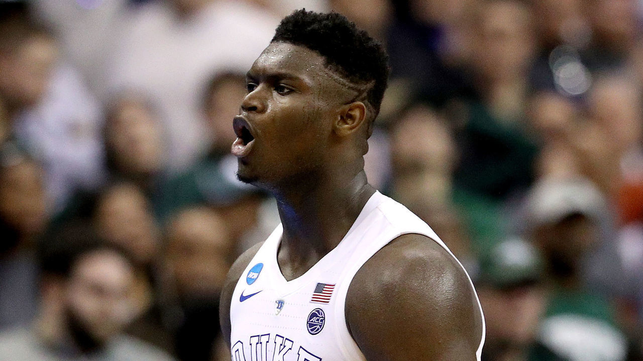 WASHINGTON, DC - MARCH 31: Zion Williamson #1 of the Duke Blue Devils reacts against the Michigan State Spartans during the second half in the East Regional game of the 2019 NCAA Men's Basketball Tournament at Capital One Arena on March 31, 2019 in Washington, DC.