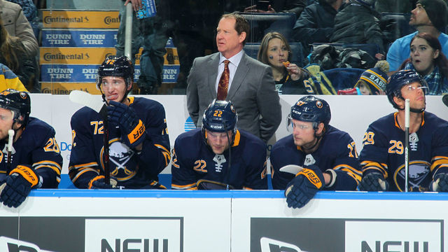 BUFFALO, NY - DECEMBER 11: Head Coach Phil Housley watches from the bench during an NHL game against the Los Angeles Kings on December 11, 2018 at KeyBank Center in Buffalo, New York.