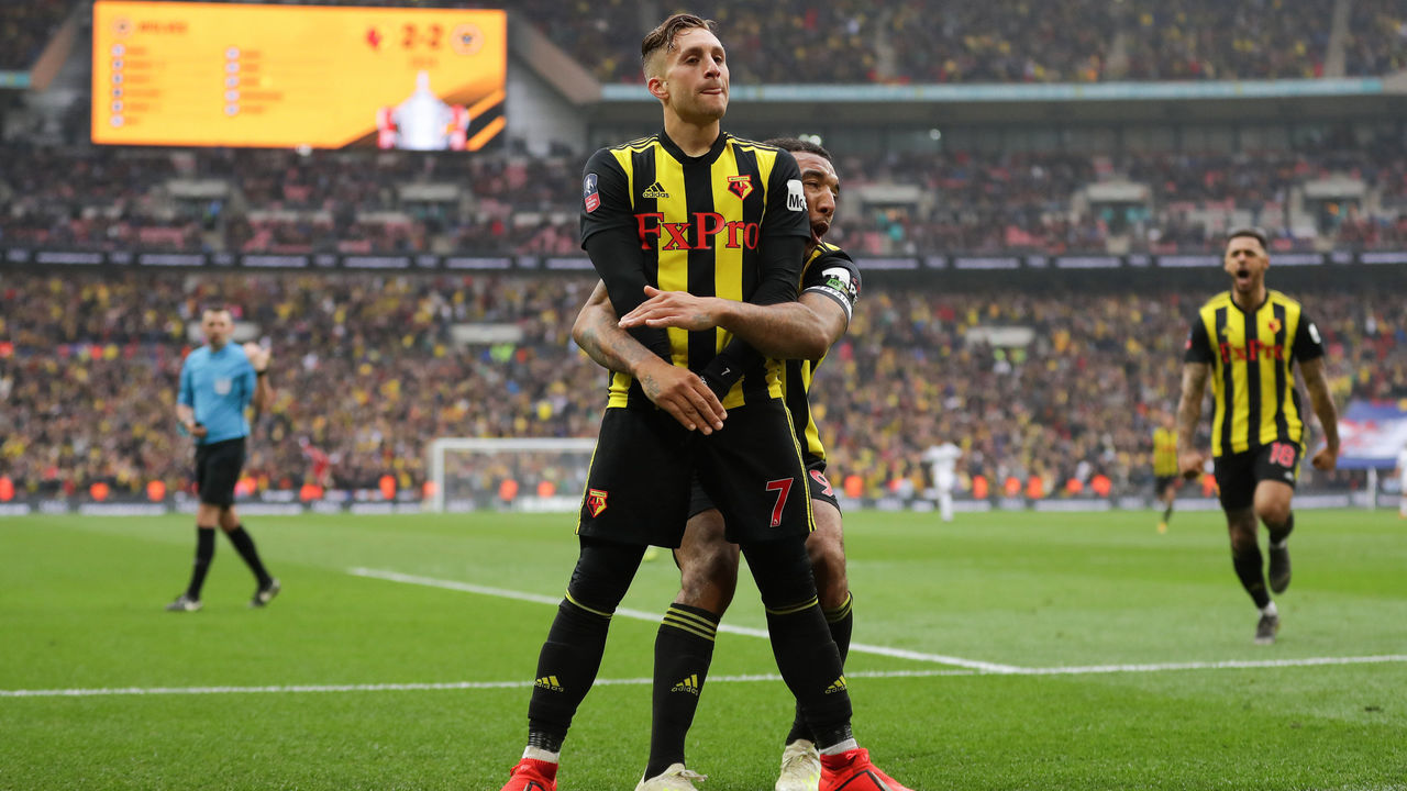 7th 2019, Wembley Stadium, London England; The Emirates FA Cup, semi final, Watford versus Wolverhampton Wanderers; Gerard Deulofeu of Watford celebrates scoring his sides 3rd goal in the 104th minute of Extra Time to make it 3-2 with Troy Deeney of Watford