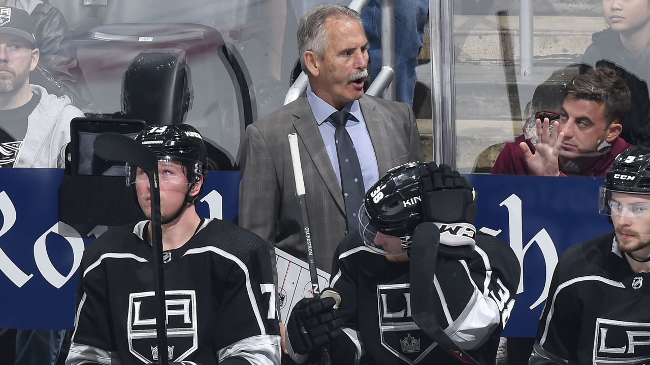 LOS ANGELES, CA - MARCH 18: Head coach Willie Desjardins of the Los Angeles Kings talks to his team during the third period of the game against the Winnipeg Jets at STAPLES Center on March 18, 2019 in Los Angeles, California. *** Local Caption ***