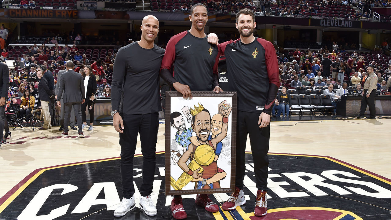 CLEVELAND, OH - APRIL 7: Channing Frye #9 of the Cleveland Cavaliers honored prior to the game against the San Antonio Spurs on April 7, 2019 at Quicken Loans Arena in Cleveland, Ohio. NOTE TO USER: User expressly acknowledges and agrees that, by downloading and/or using this Photograph, user is consenting to the terms and conditions of the Getty Images License Agreement. Mandatory Copyright Notice: Copyright 2019 NBAE